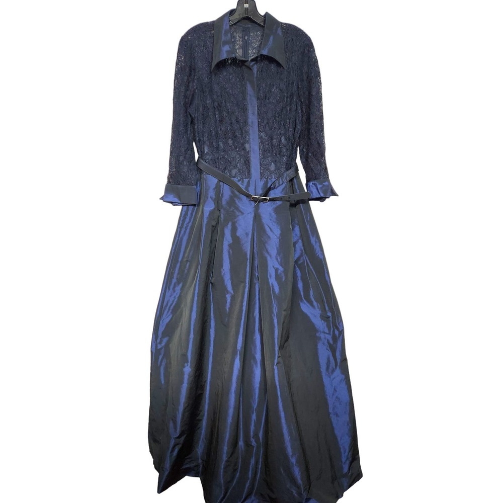 Elegant Navy Blue Lace and Satin Evening Dress